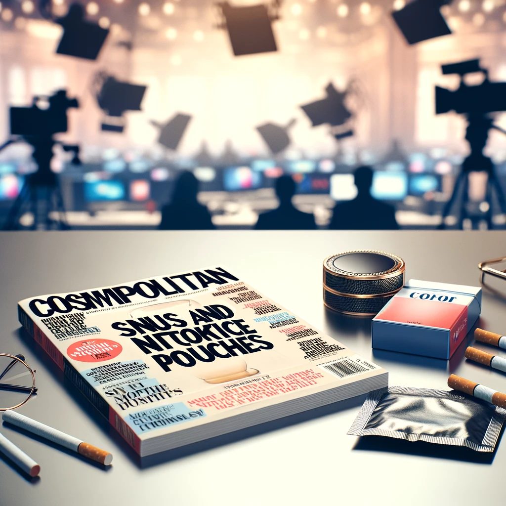 AI generated image of Cosmopolitan Magazine beside nicotine pouches and cigarettes.