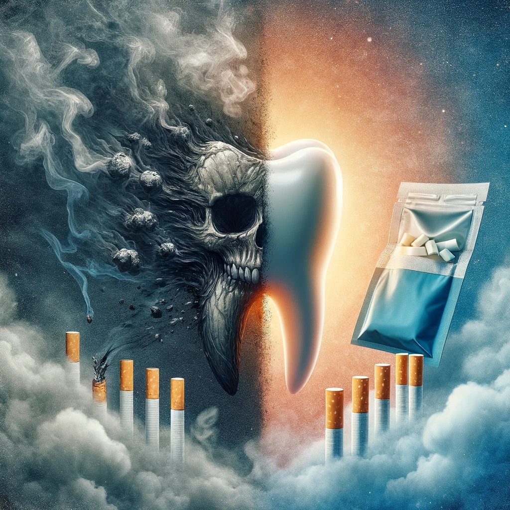 An abstract image showcasing a transition from harmful effects of smoking (depicted as a dark, damaged tooth and smoke) to the less harmful effects of nicotine pouches (depicted as a partly healed tooth and a nicotine pouch), illustrating the concept of harm reduction in oral health