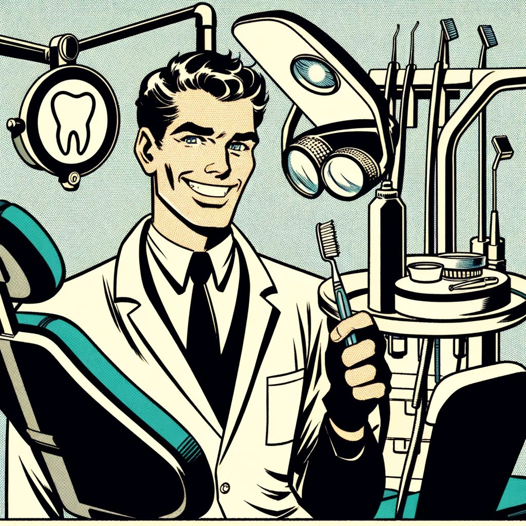 Here are the images of a dentist in a newspaper comic style, capturing the essence of mid-20th century comic art.