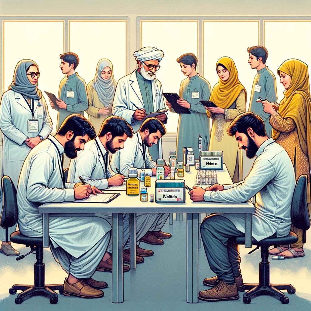 An illustration of a group of Pakistani researchers conducting a study, with three groups of subjects, one using nicotine pouches, another using e-cigarettes, and the last one receiving counselling.