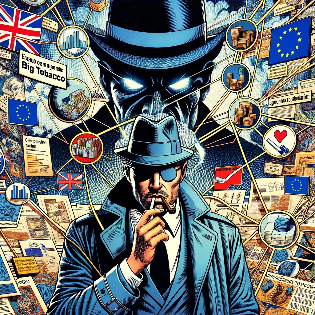 An image depiction of a comic book-style scene, featuring a character patterned after a detective appearing to weave intricately complex, almost surreal theories about Big Tobacco, represented as looming shadows in the background. The scene should also include some imagery referencing the European Union such as flags or notable landmarks, as well as hints of the Smoke-Free Partnership's symbol and snus or nicotine pouches to visualize the health aspect of the narrative
