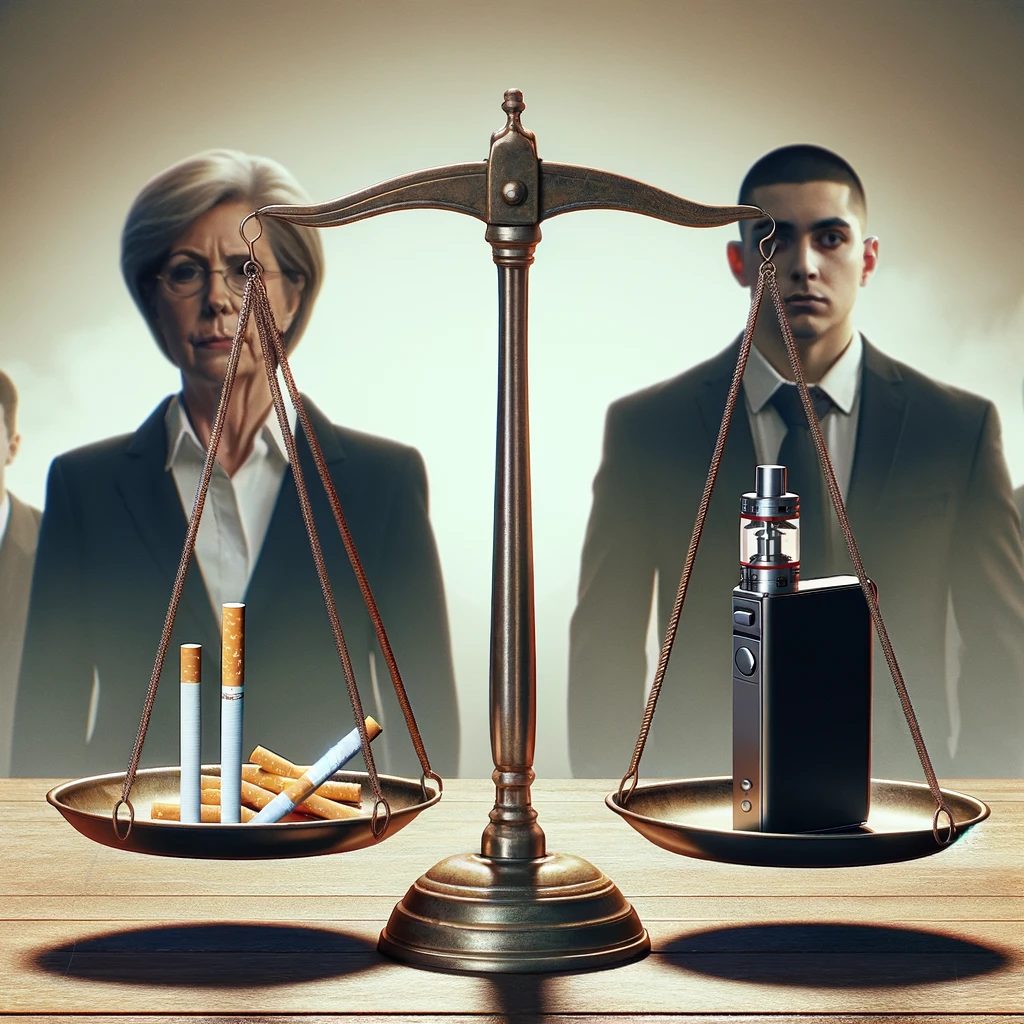 Visualize a balanced scale with a cigarette on one plate and a vape device on the other. In the background, show the figures of a government official and a typical citizen on either side, reflecting struggle and debate.
