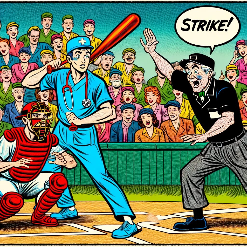A colorful comic strip panel in the style of a classic newspaper comic. It features a scene on a baseball field, with a doctor wearing bright blue scrubs and a stethoscope around his neck. He stands at home plate, holding a red baseball bat, and has a comical expression of surprise and disappointment. An umpire, dressed in traditional black gear, energetically signals 'strike three'. In the background, there's a diverse crowd of spectators in the stands, with some cheering and others laughing. The comic style blends early 20th-century aesthetics with vibrant, modern colors, bold lines, and exaggerated facial expressions.