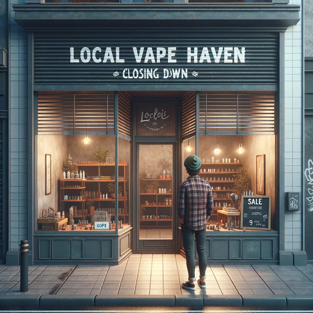 The image captures a poignant moment of an independent vape shop closing down in an urban setting. The shop, with a distinct indie vibe, has a hand-painted sign reading 'Local Vape Haven - Closing Down.' The large front windows are partially shuttered, symbolizing the shop's imminent closure. Inside, the sparse shelves display a few remaining vaping products amid scattered 'Sale' signs. The owner, dressed in a hipster outfit, stands outside with a look of dejection, half-closing the remaining shutters. The urban street around the shop appears neglected, with graffiti on the walls and disinterested passersby walking by. The overall mood is melancholic, emphasizing the end of a small, independent business in a modern city.