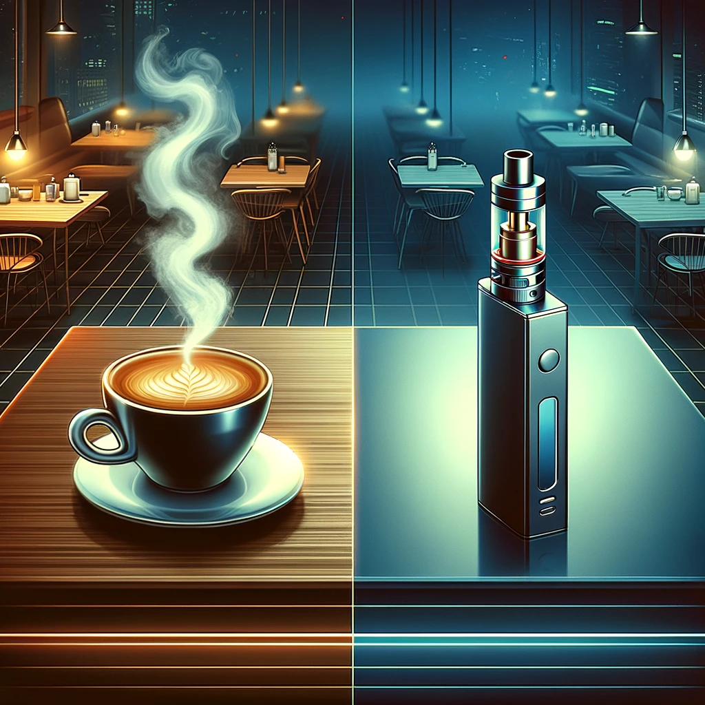Illustration contrasting a cup of coffee and a vaping device, symbolizing the comparison between caffeine and nicotine as stimulants, in a modern setting