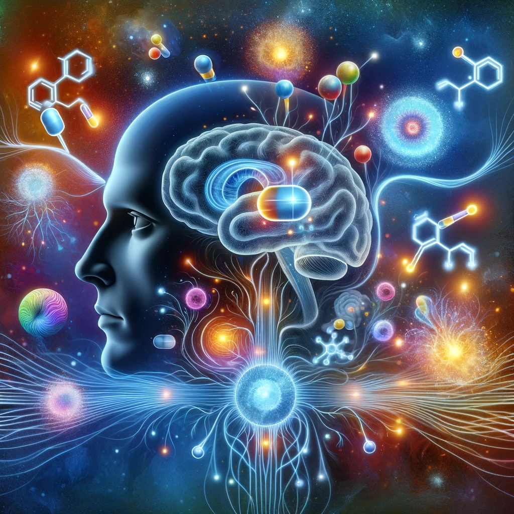 Creative representation of a person experiencing enhanced cognitive functions, like improved concentration and memory, with abstract symbols of brain activity and nicotine.