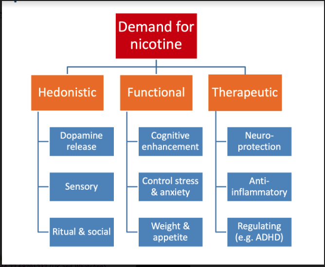 a flowchart that categorizes the demand for nicotine into three main types: Hedonistic, Functional, and Therapeutic
