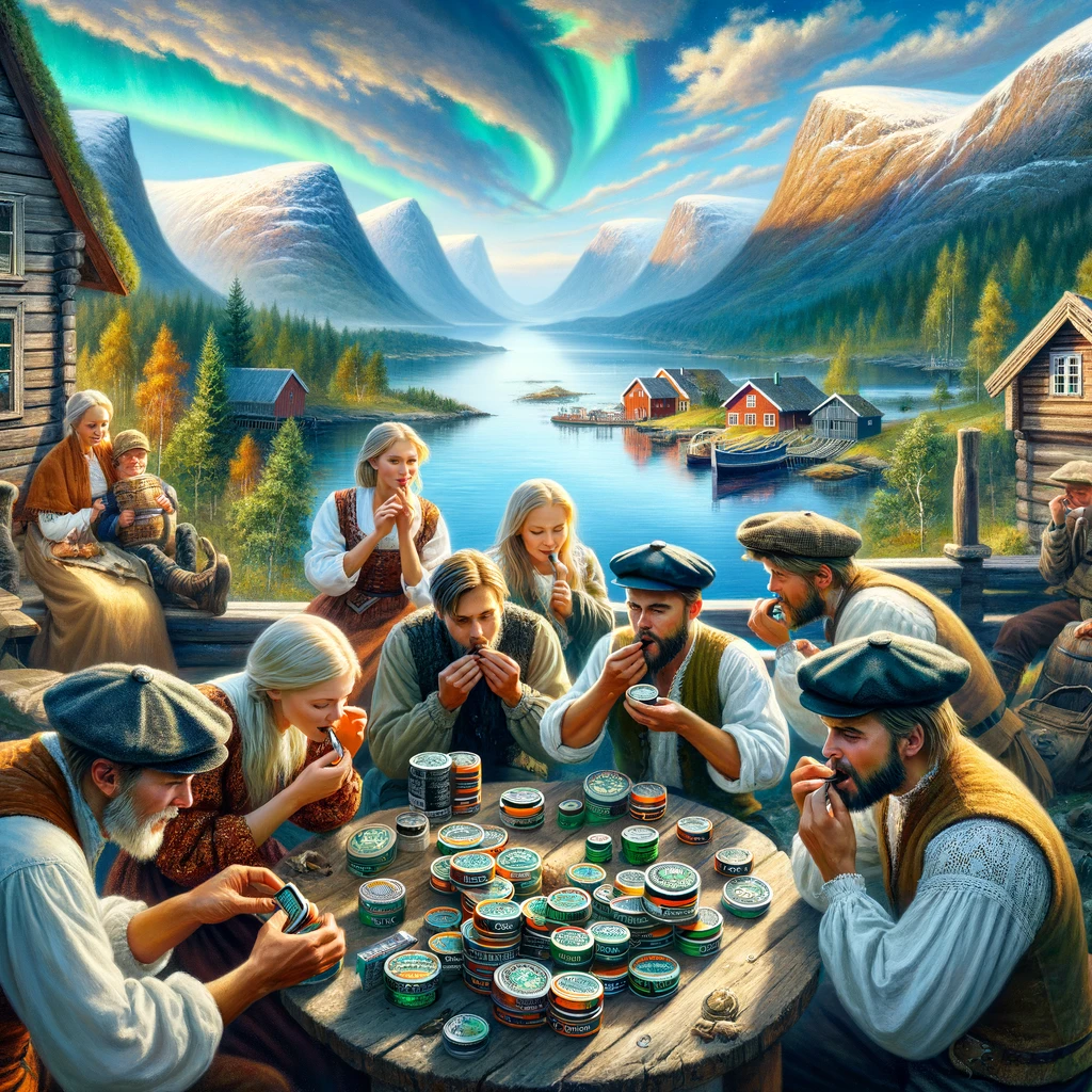 Cultural depiction of Scandinavian people using snus, highlighting its role as a traditional smokeless tobacco product in a Scandinavian landscape