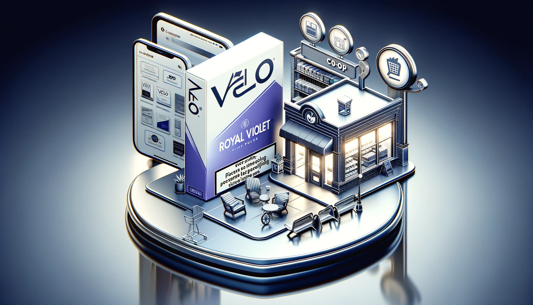 Illustration depecting the online and in-store purchasing options for Velo nicotine pouches.