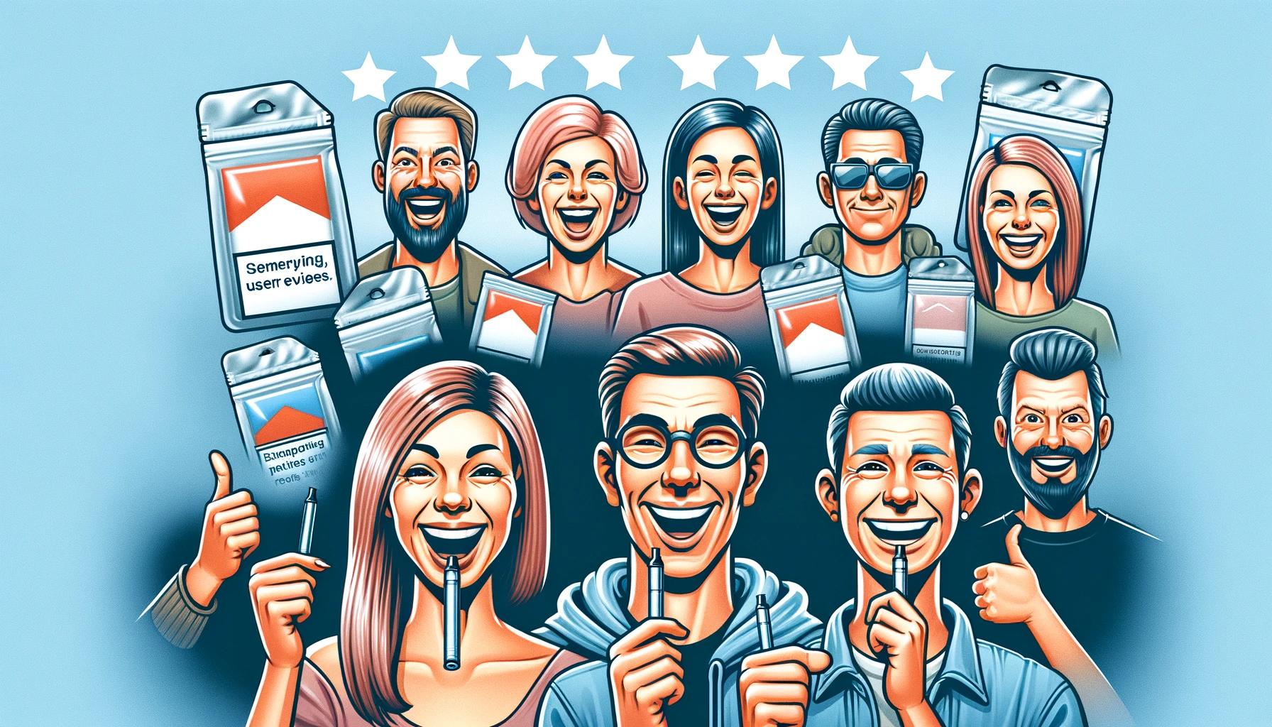 An illustration of a group of cheerful cartoon characters, each holding a smartphone displaying a positive review with a five-star rating. They represent a diverse group, with different hairstyles and attire, expressing happiness and approval. The characters are surrounded by a light blue background, complementing the theme of positivity and satisfaction.