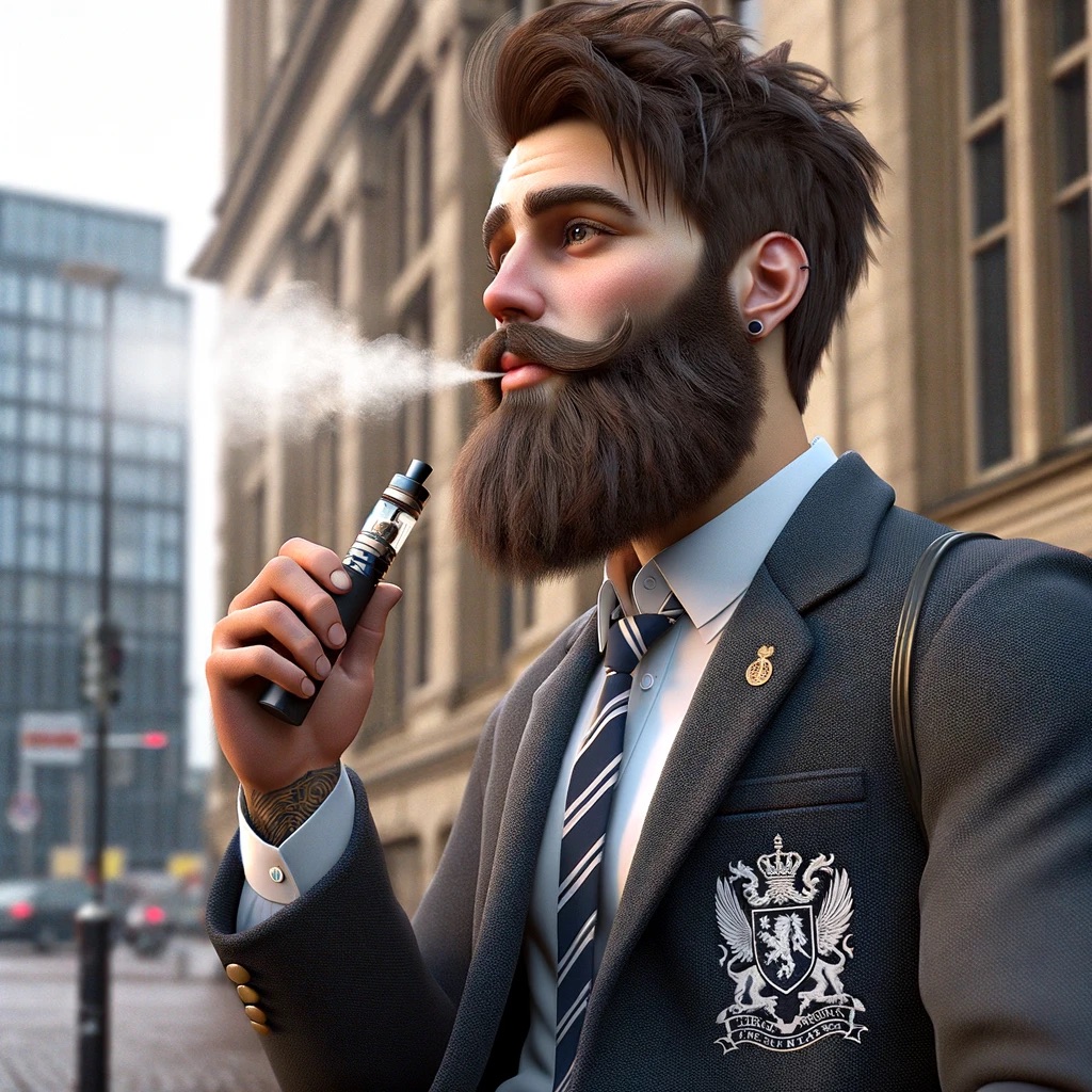 A 25 year old man in a school uniform using a vape