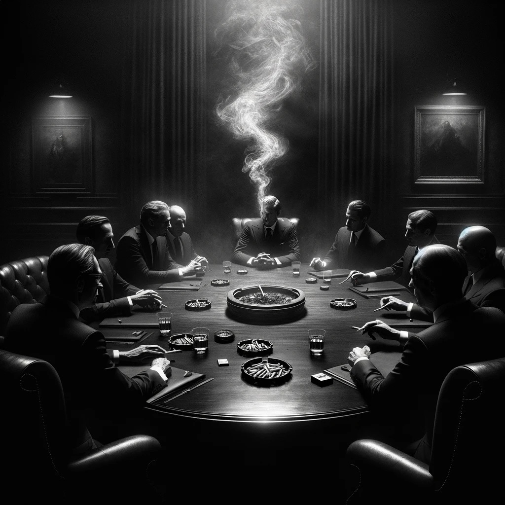 A table of Big Tobacco business men coming up with a sinster plot