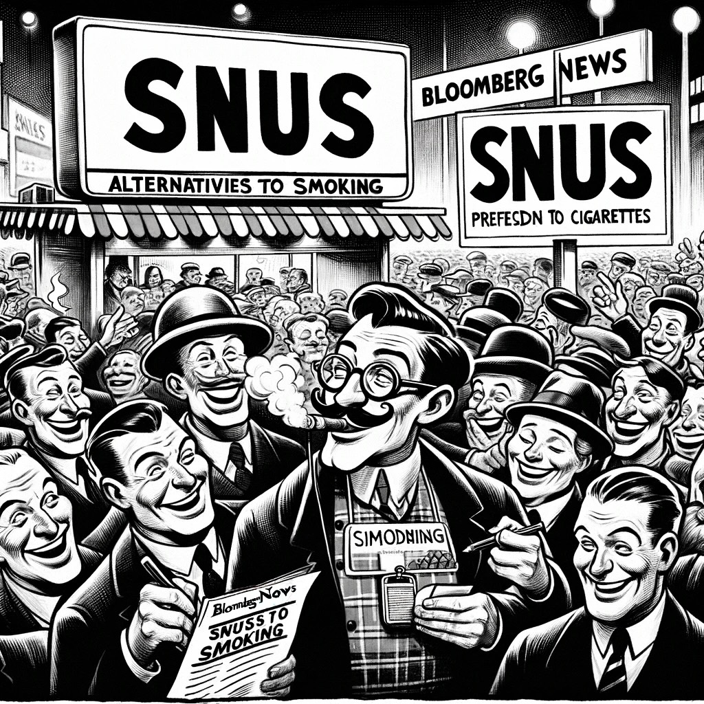 A vintage black and white cartoon of a bustling Swedish market scene showing a preference for 'Snus' over 'Cigarettes', with a 'Bloomberg News' reporter taking notes.