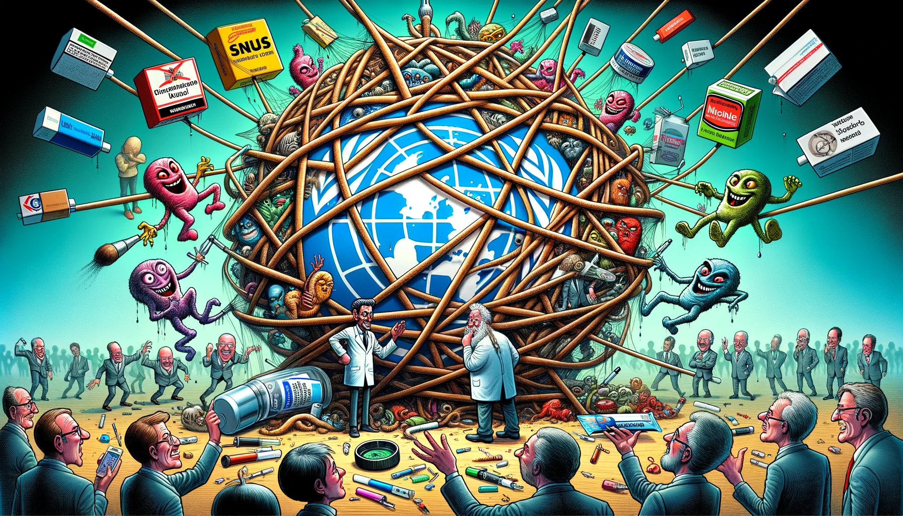 A satirical caricature depicting WHO and tobacco industry figures entangled in a web of deceit, with low-risk nicotine alternatives like snus and vapes humorously poised to sever the strands.