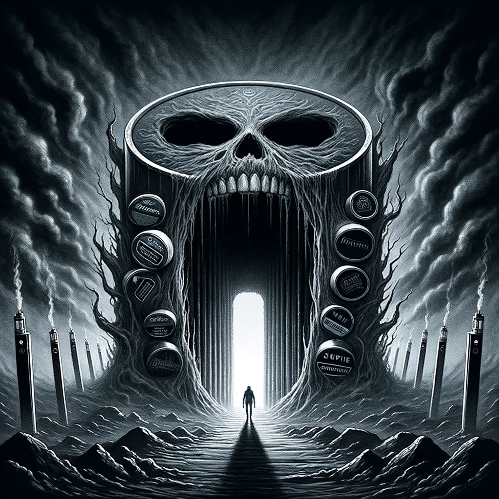 A sinister illustration of a dark 'gateway' made from oversized nicotine pouches and Swedish snus cans, leading into an abstract realm of right-wing politics, with ghostly vapes in the background.