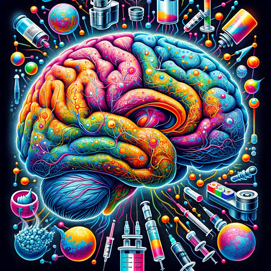 A colorful illustration of the brain with highlighted dopamine pathways, featuring abstract symbols for vaping devices and hypodermic needles, designed to explore the impact of these substances on neurochemical processes.