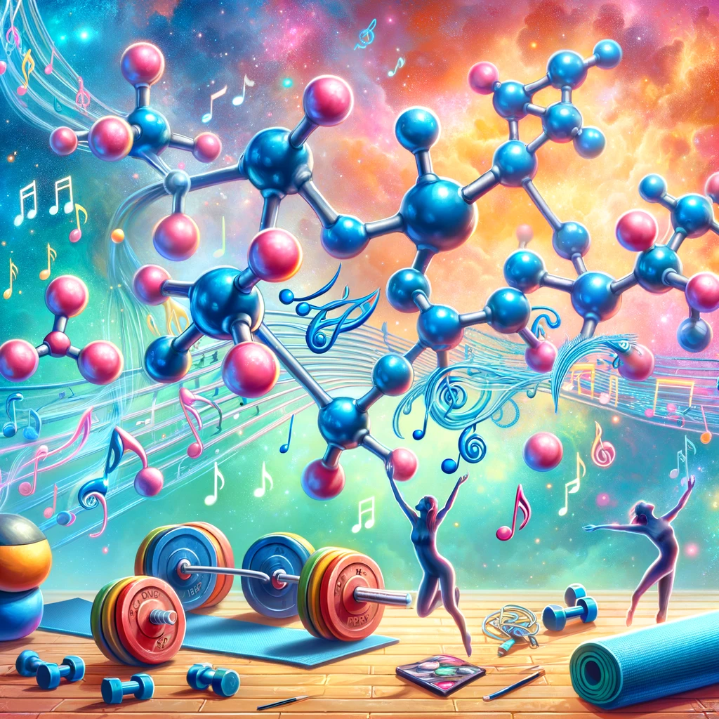 Depiction of physical exercise and music as dopamine stimulants.