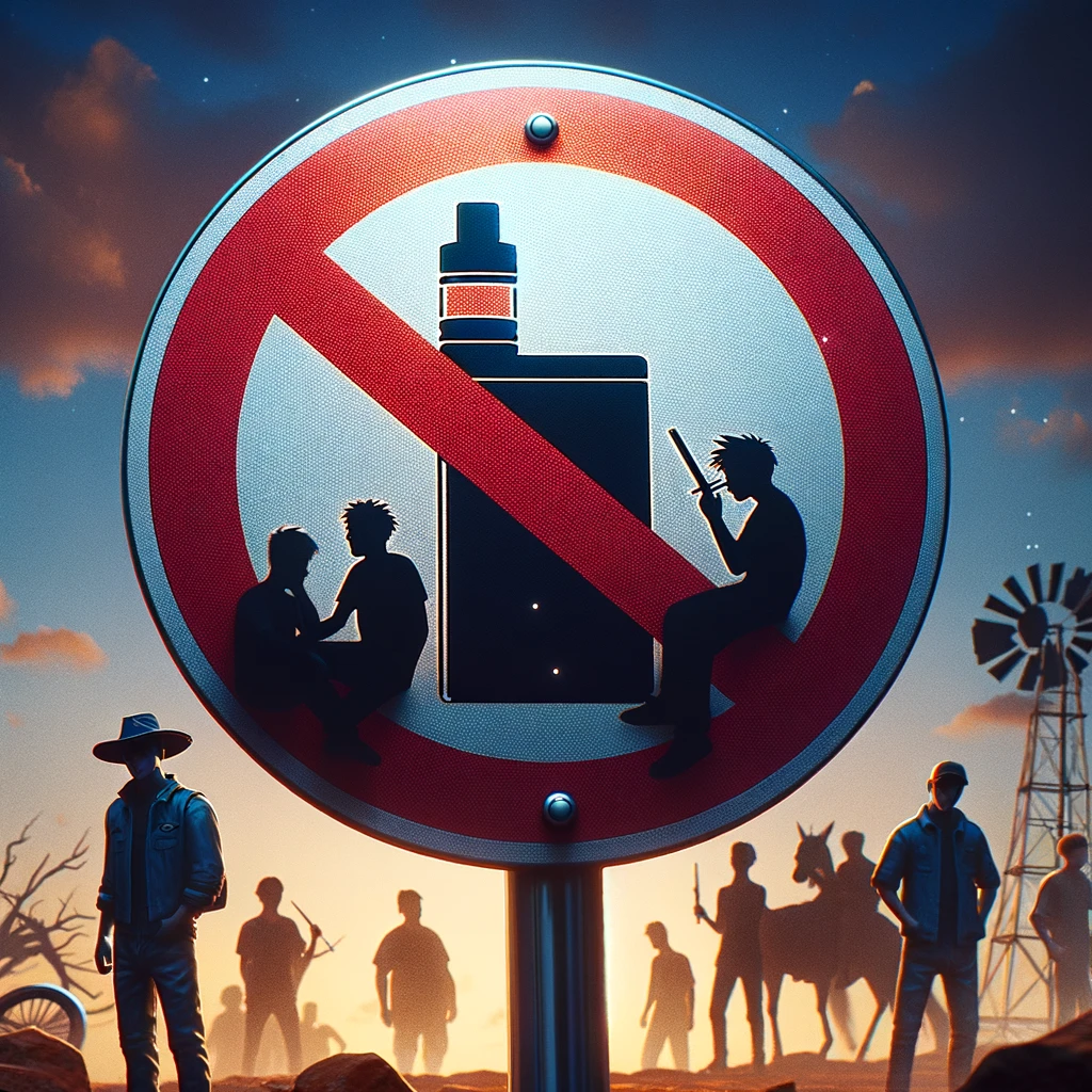 A conceptual sign showing a vape ban in Australia, with silhouetted teenagers holding black market vape products in the background.