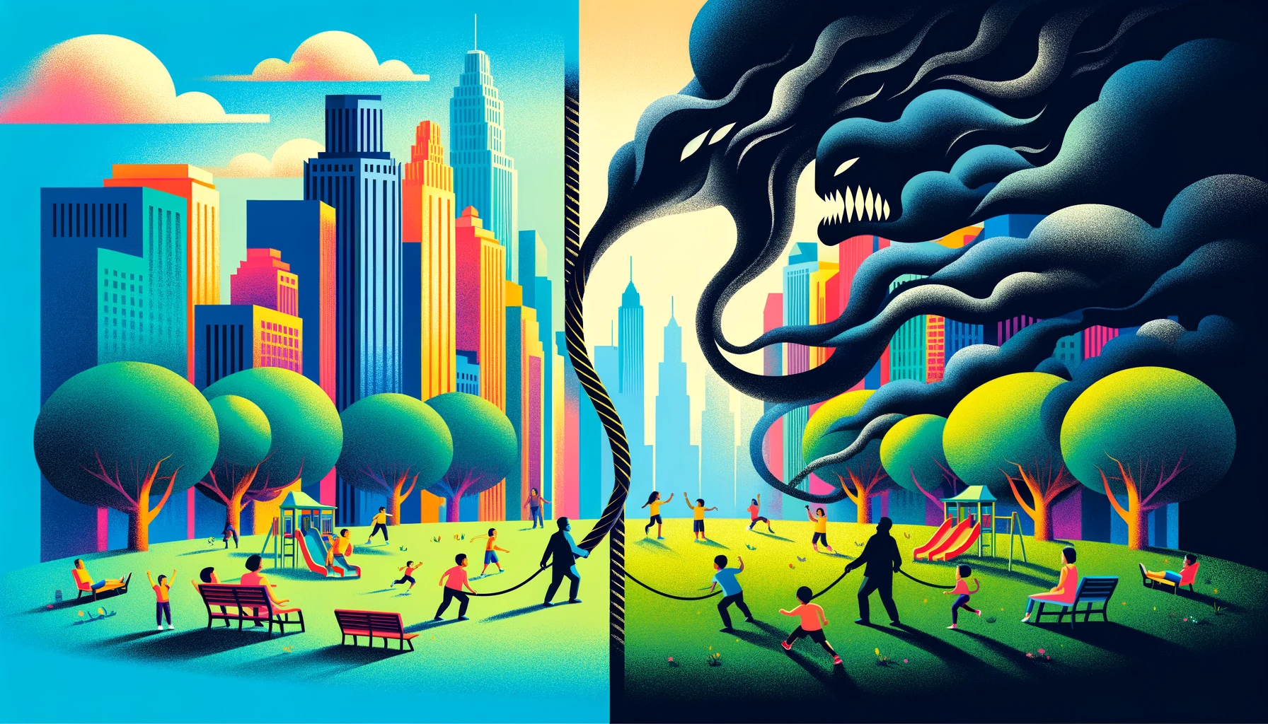 graphic of children playing in a park with shadowy smoke tendrils signifying nicotine addiction reaching towards them, set against an urban city backdrop.