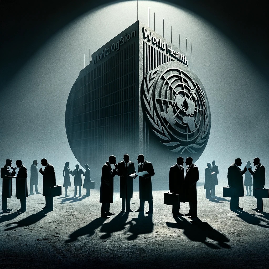 Shadowy figures exchanging documents around a globe with the WHO logo, symbolizing covert lobbying efforts against a dimly lit backdrop.