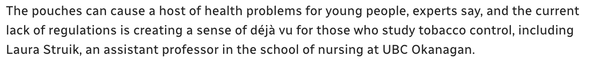 Quotation image expressing concern from Struik about the tobacco industry's marketing of appealing nicotine cessation products to kids, specifically referencing nicotine pouches.
