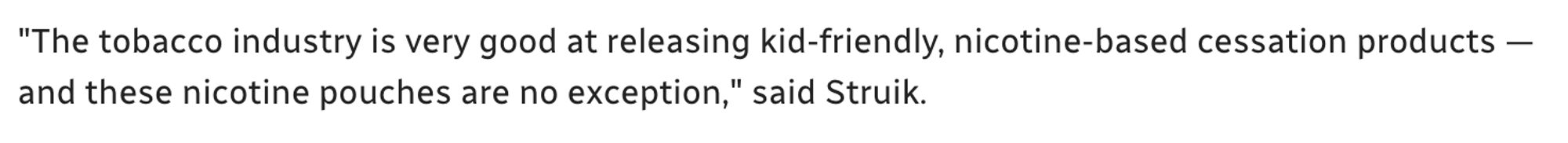 Informative image citing Laura Struik, UBC Okanagan nursing school assistant professor, on the health risks of nicotine pouches for youth and the familiar problem of inadequate tobacco control regulation.