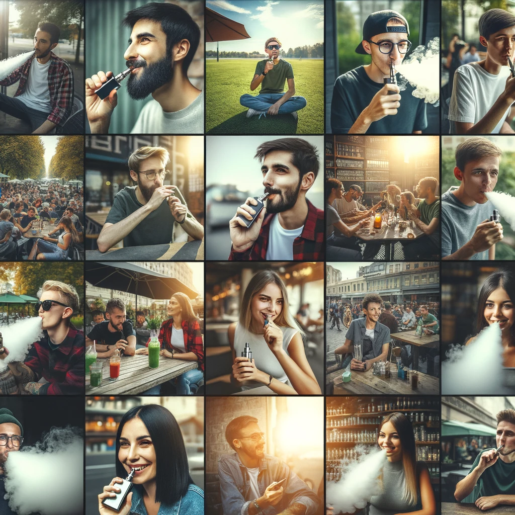Photographic snapshots of diverse people vaping, demonstrating the range of vape users and its role in harm reduction.