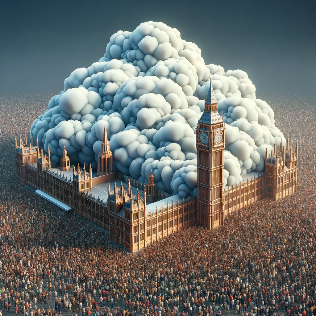 A crowd of people in the shape of a vape cloud above the UK House of Commons symbolizing the political influence of vapers