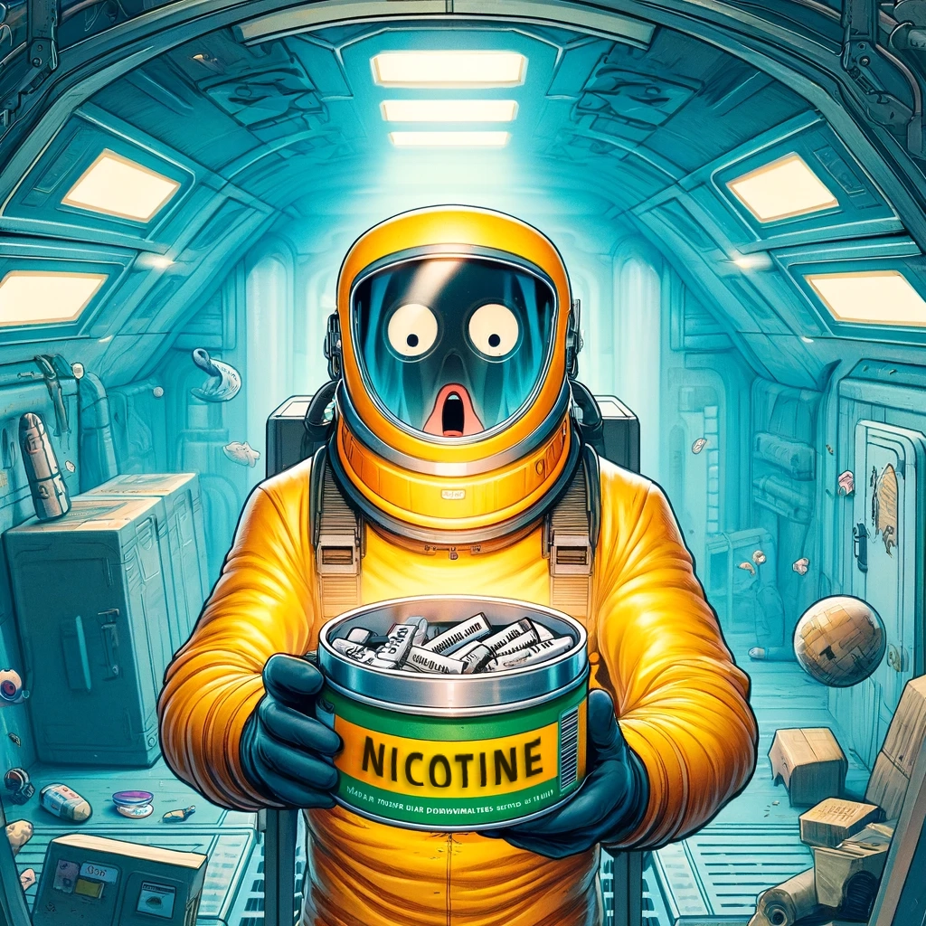Illustration of a scientist exploring in an abandoned spaceship finding nicotine pouches.