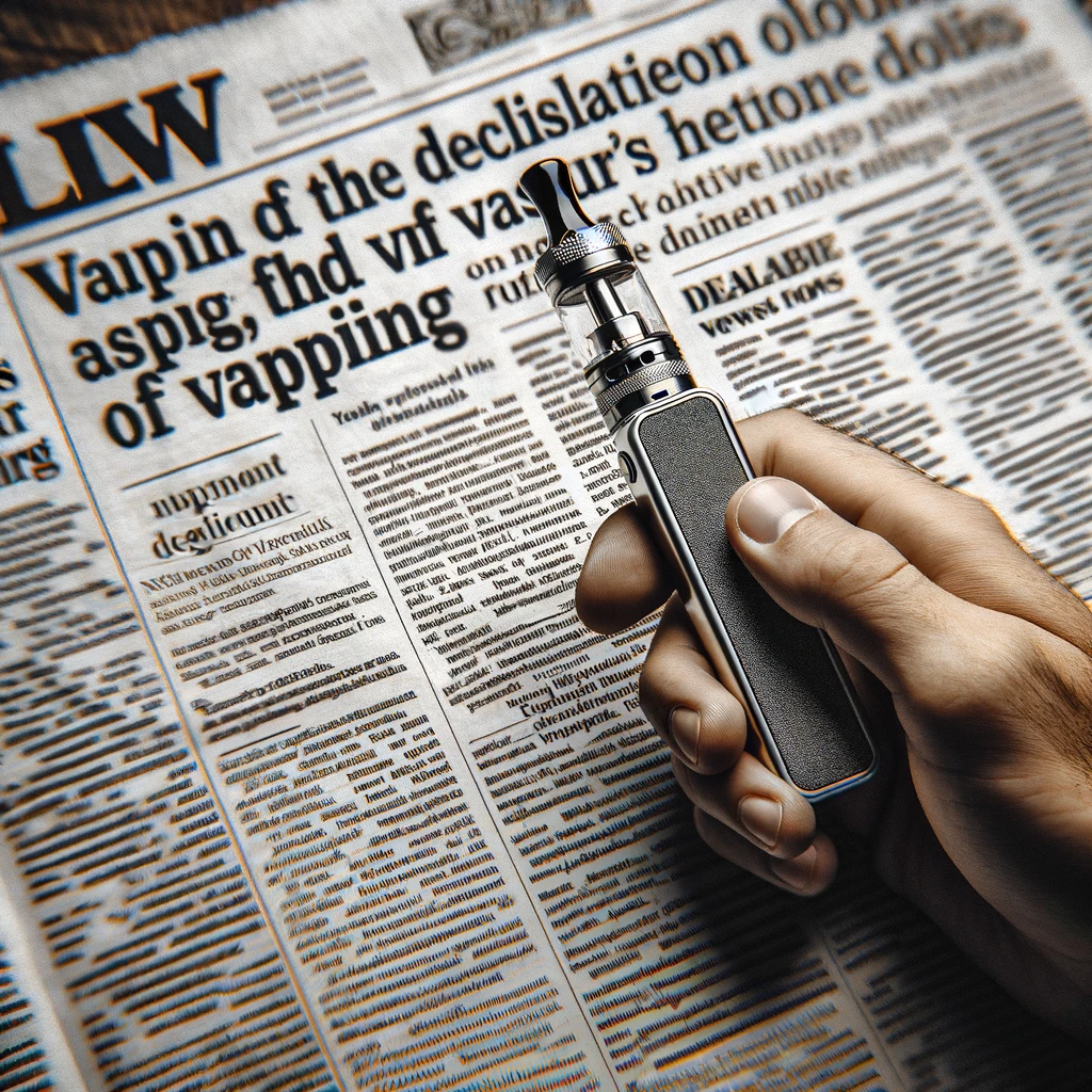 Hand holding a vape device over a newspaper featuring articles about vaping laws and the future of vaping industry.