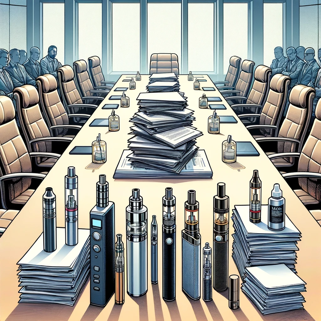 An array of vaping devices alongside stacks of scientific papers, representing harm reduction advocacy efforts.