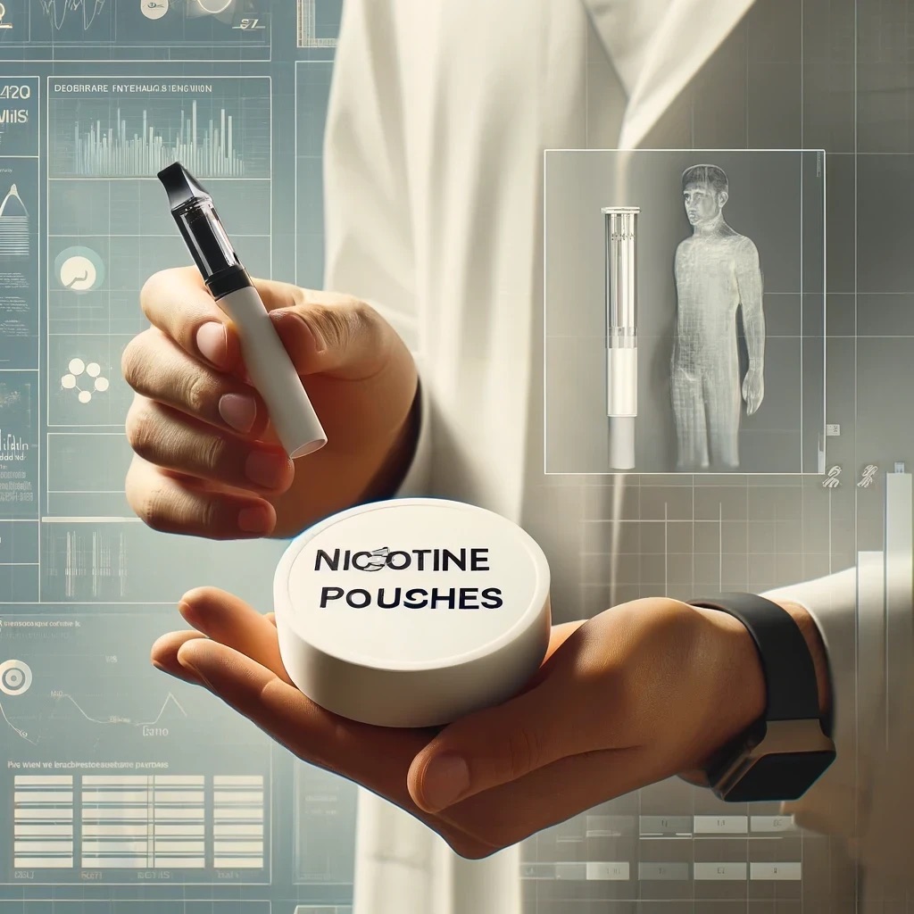 An image of a vape device and can of nicotine pouches held be a scientist with graphics to represent research.