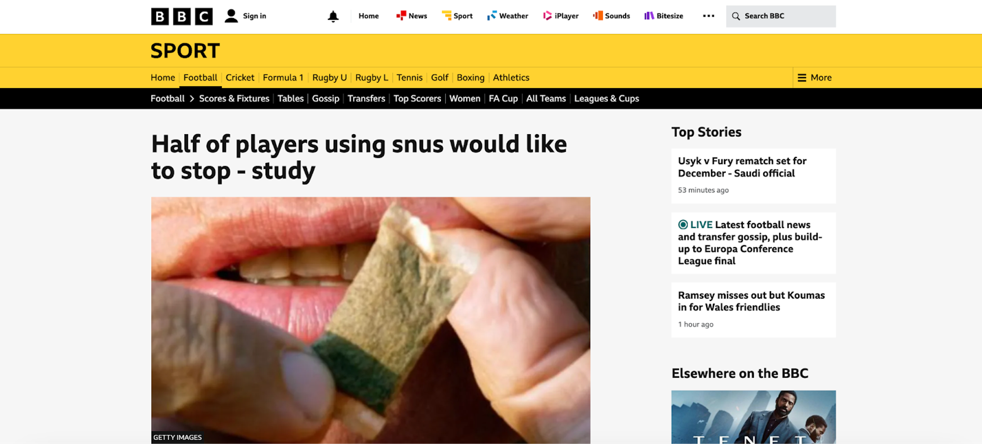 BBC article on snus usage among footballers.