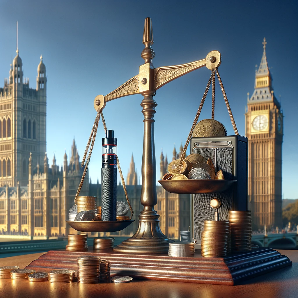 A conceptual image of a balance scale, where one plate hosts a vape, and piles of coins burden the other. The UK parliament provides the image background, signifying governmental policies.