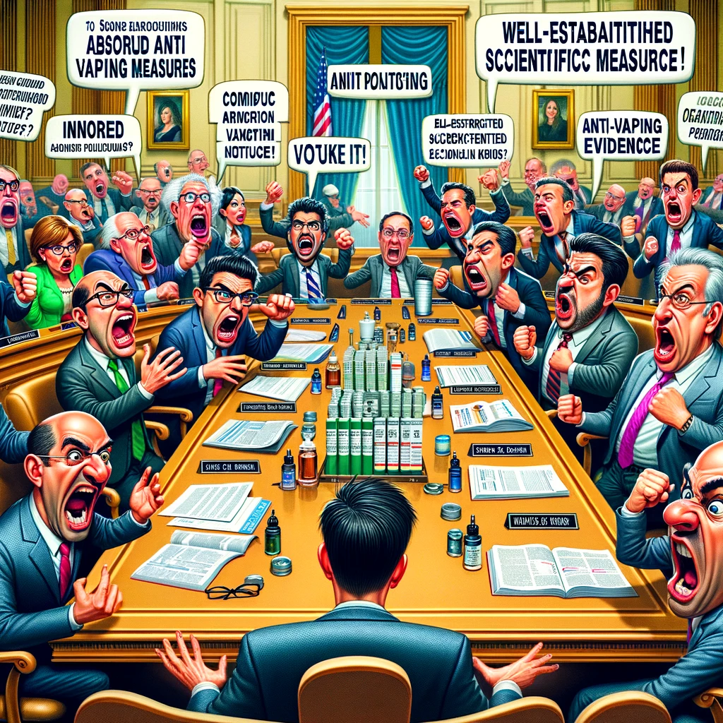 Cartoonish government committee room with politicians debating and ignoring scientific evidence on vaping.