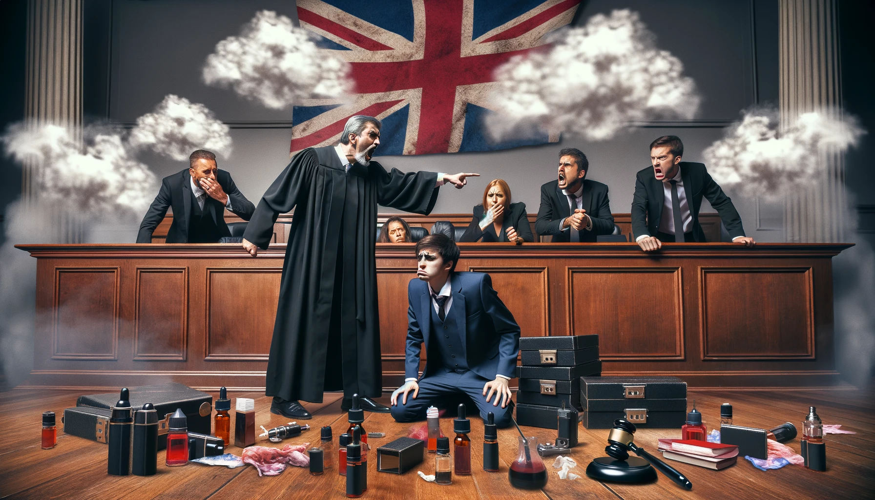 Unfair trial in a courtroom with biased judge and jury against vaping products, disregarding defense evidence.
