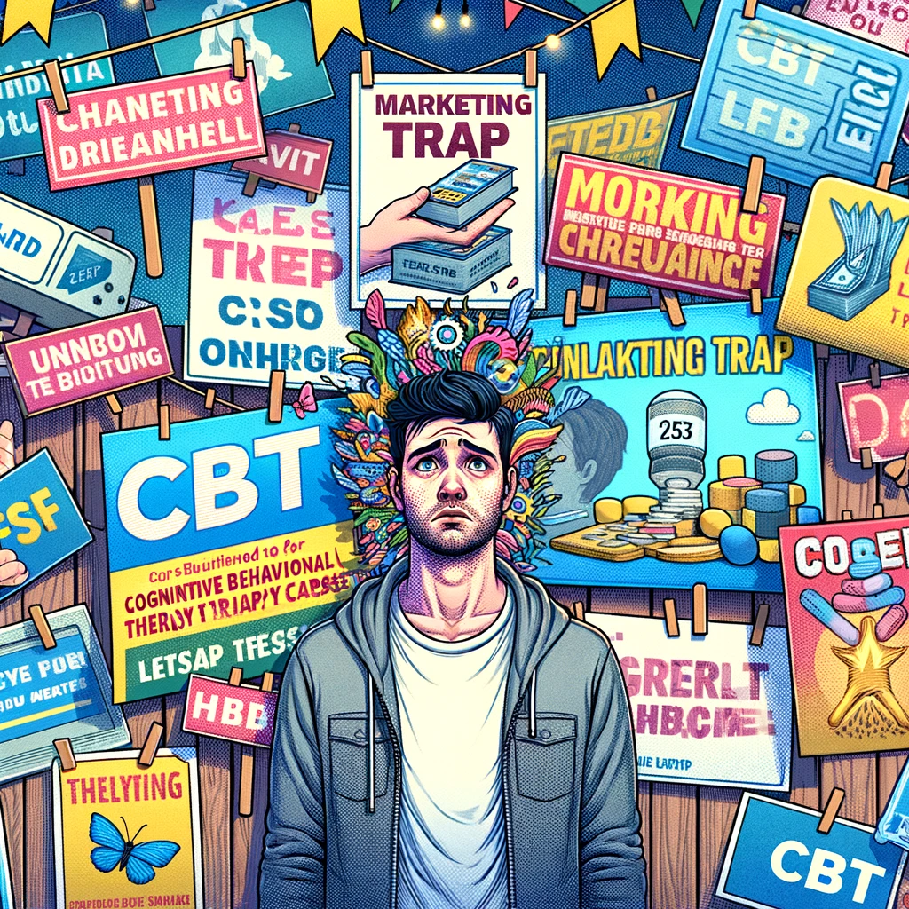 Person overwhelmed by CBT course advertisements and sales tactics.