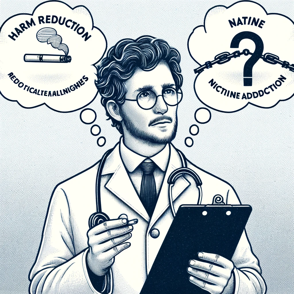 A medical expert with thought bubbles showing conflicting ideas about harm reduction and nicotine addiction.