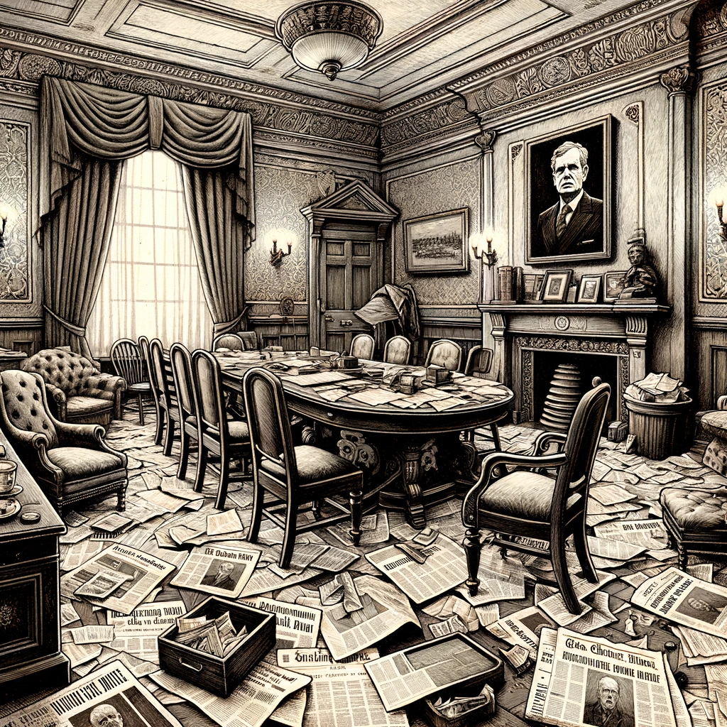 Irish political chaos with old decor and Haughey portrait.