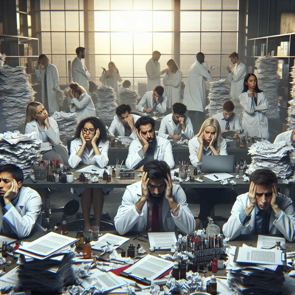 Scientists in an office, visibly frustrated, surrounded by piles of ignored vape research papers, with dramatic lighting highlighting their exasperation.