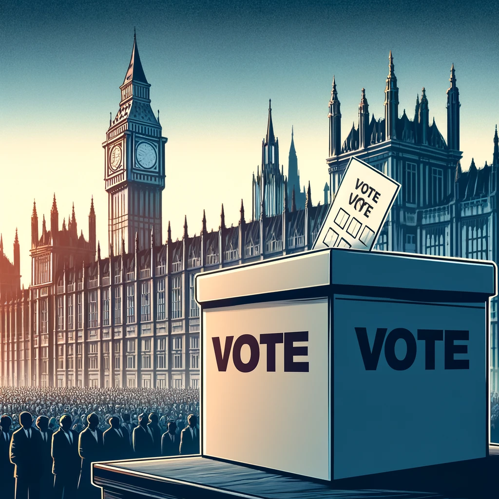 An illustration showing Westminster and a ballot box to show the General Election.