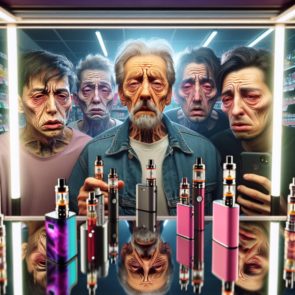Gen Z individuals with exaggerated ageing signs holding vapes, reflecting on their appearance in a convenience store.