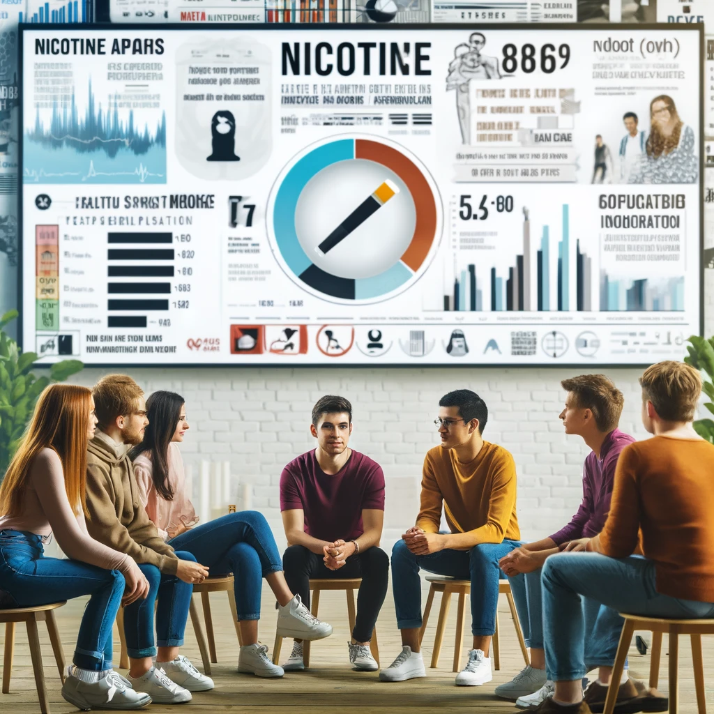 Group discussion with charts about nicotine use and declining smoking rates.