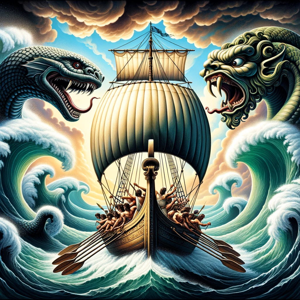 Ancient Greek ship navigating a dangerous strait with sea monsters on both sides.