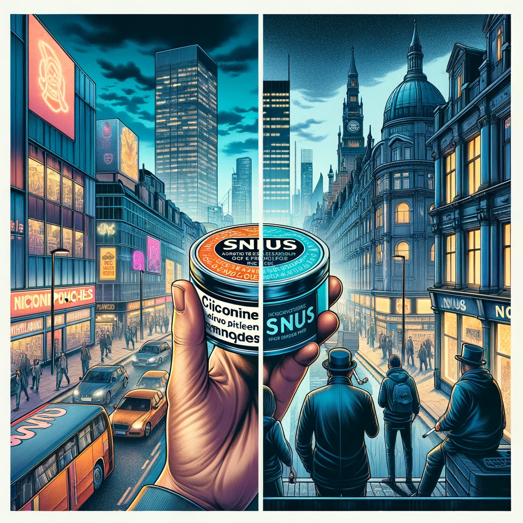 "Collage of modern nicotine users and traditional cigarette smokers in urban settings.