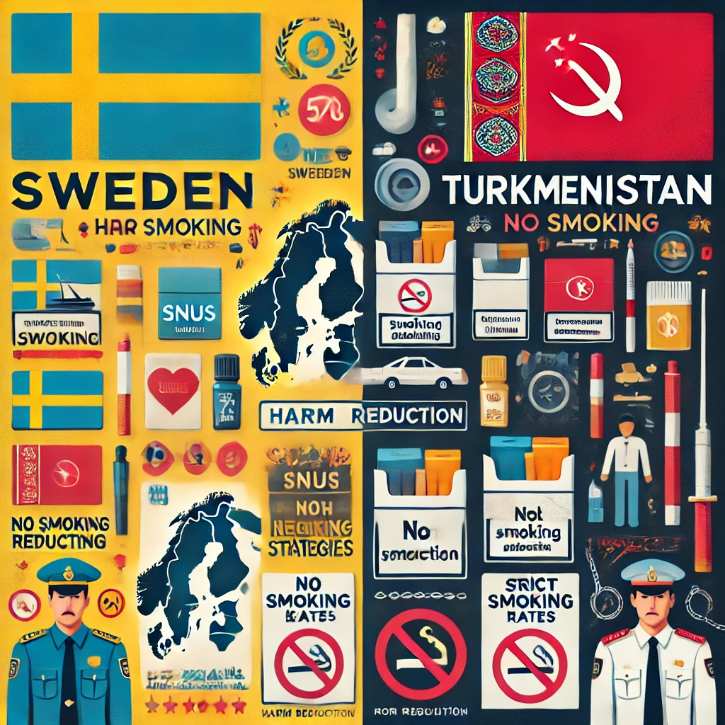Infographic comparing smoking statistics and policies of Sweden and Turkmenistan.