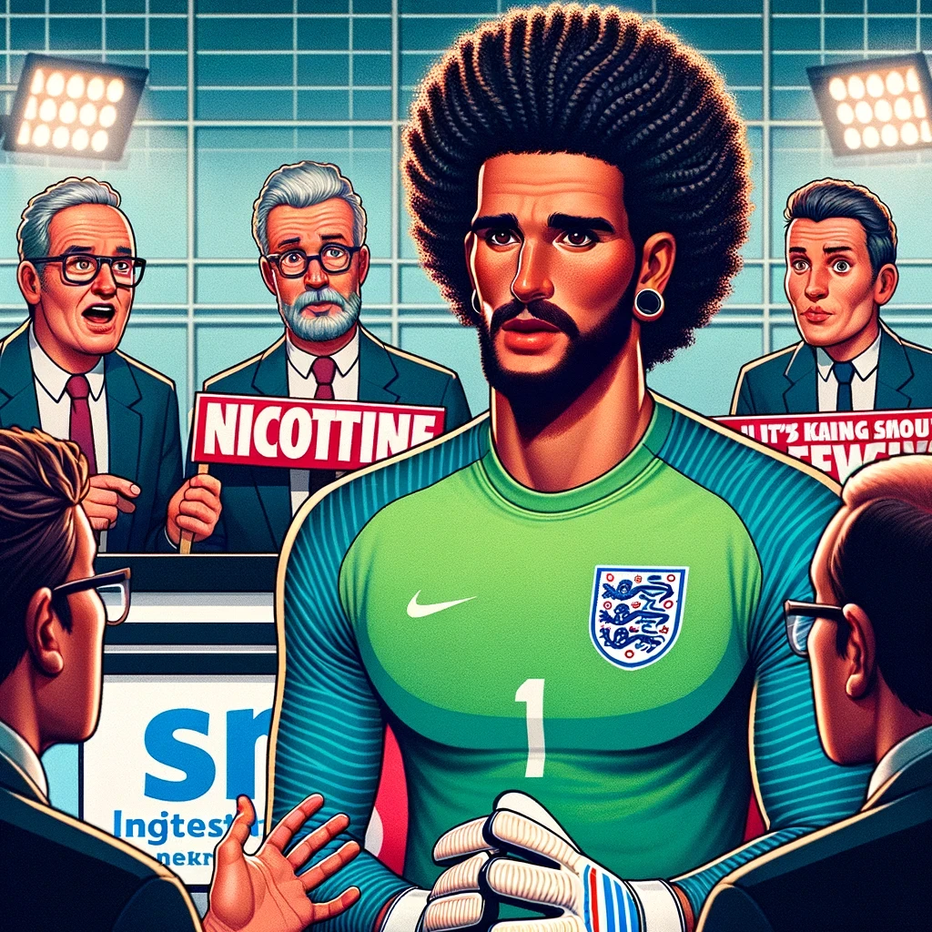 David James-like footballer discussing snus with skeptical medical experts on a TV set, with football and anti-smoking graphics in the background.