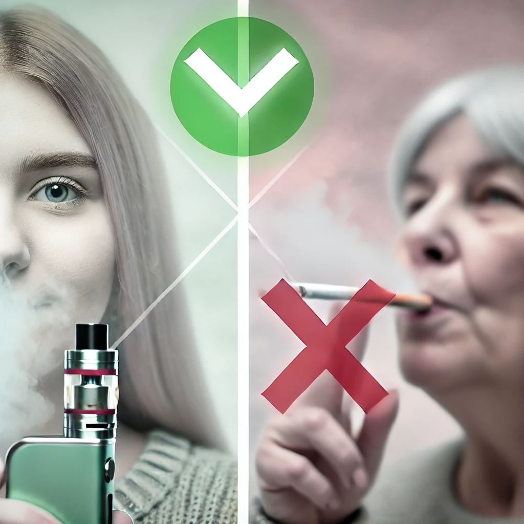 Contrast between a young person vaping and an older person smoking.