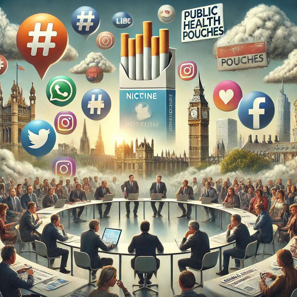 Visual representation of the political and cultural debate over nicotine pouches with various stakeholders.