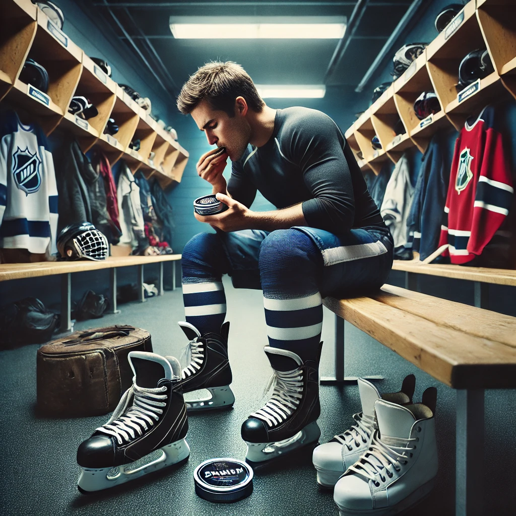 An NHL player sitting in a locker room, discreetly using a snus pouch, with their hockey gear and equipment visible around them.